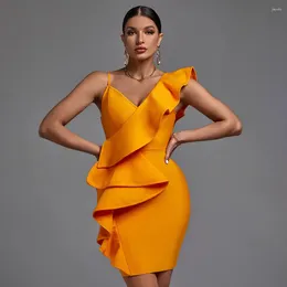 Casual Dresses Summer Outfits Orange Bandage Dress Women's Bodycon Elegant Sexy Ruffle Evening Club Party High Quality