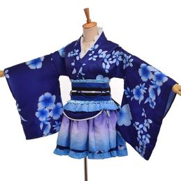 Japanese Yukata Kimono Costume Sonoda Umi Blue Anime Cosplay Robe217v