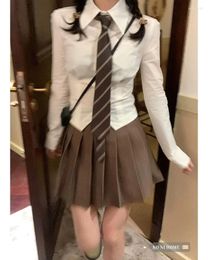 Work Dresses Shirt For Women White Long Sleeved Single Breasted Lapel Pleated Skirts High Waisted Coffee Coloured Women's Skirt Two-piece