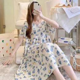 Women's Sleepwear Loose Printed Nightgown Floral Print Summer Nightdress With Round Neck Short Sleeves A-line Pleated Hem Knee Length Soft