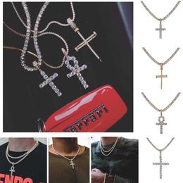 Hip Hop Iced Out Ankh Cross Pendant Necklace 4mm Tennis Chain Micro Pave CZ Stones Gold Chains for Men282E