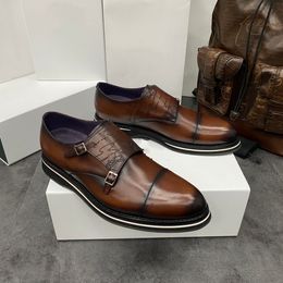 Luxury designer men's formal shoes, leather Colour changing double button monk shoes, Oxford shoes, thick soled leather shoes, business handmade shoes
