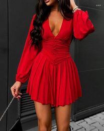 Casual Dresses Women's Dress Sexy Plunge Ruched Lantern Sleeve 2024 Female Clothing Vintage High Waist A-Line For Women