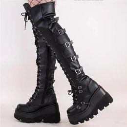 Gothic Thigh High Boots Women Platform Wedges Motorcycle Boot Over The Knee Army Stripper Heels Punk Lace-up Belt Buckle Long 240115