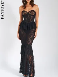 Casual Dresses Fantoye Sexy Strapless Sheer Lace Women Maxi Dress Black Off Shoulder Floral Evening Autumn Skinny Elegant Party Clubwear