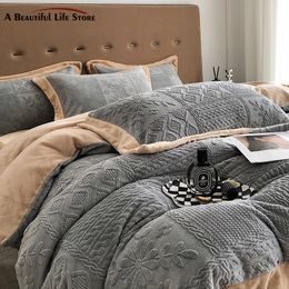 Grey Winter Soft Plush Velvet Fleece Warm Thick Bedding Set 3D Carved Duvet Cover Bed Comforter Cover Set Bed Sheet Pillowcases 240115