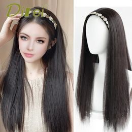Difei syntetiskt långt rakt hår båge peruk daglig slitkvinna halvt huvud täcker falskt hår naturlig svart värmebeständig240115