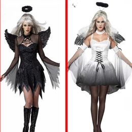 White Black Devil Fallen Angel Costume Women Sexy Halloween Party Clothes Adult Costumes Fancy Dress Head Wear Wing2895