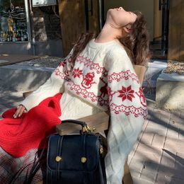 Christmas Vintage Atmosphere Rhombus Warm Sweater Women's Jacquard Round Neck Loose Pullover Sweater Top 240113