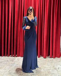 Classy Long Blue V Neck Evening Dresses Backless Sequined Full Sleeves Mermaid Sweep Train Custom Made for Women Party Gowns