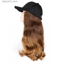 Synthetic Wigs TMT Hat Wig for Women Synthetic Hair 22 Inch Long Body Wave Baseball Hat with Hair Straight Ombre Brown Blond Grey Cap Wig Q240115