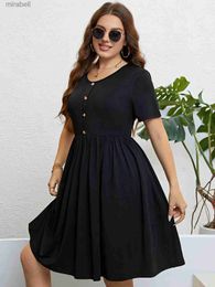 Basic Casual Dresses Plus Size Women Dress Fashion Solid Front Buttons Loose Casual V Neck Robe Short Sleeve Midi Party Dresses Summer Gown Clothing YQ240115