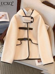 Women's Jackets UCXQ Hooded Lambs Wool Winter Coat Women Long Sleeve Outwears Warm Thick 2024 Autumn Female Leather Button Jacket 23A5826