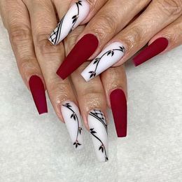 False Nails 24pcs Long Coffin Press On Ballerina Red & White Matte Nail Acrylic Full Cover Black Leaves With Tools