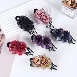 Hair Clips Fashion Silk Yarn Flower Acrylic Clip Bridal Accessories For Women Retro Elegant Duck Mouth Headwear Mom Jewelry