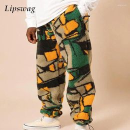 Men's Pants Winter Outdoor Fleece Mens Streetwear Fashion Patchwork Graphic Wool Trousers Spring Men Casual Drawstring Lace-up