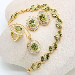 Necklaces 2022 New Green Peridot Yellow Gold Jewellery Sets for Women Earrings Necklace Ring Pendant Bracelets