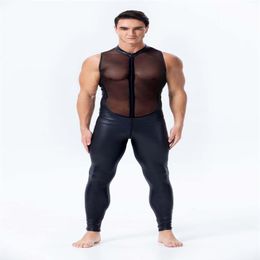 New Design Men Faux Leather Jumpsuit Sexy Mesh Stretch Catsuit Sleeveless See Through Bodysuit Male Zipper Open Crotch Clubwear339E