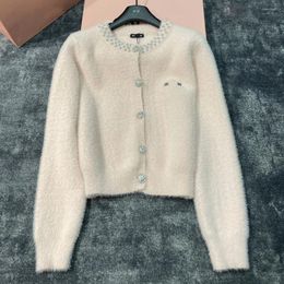 Womens Knits Autumn Sweater Cardigan Water Diamond Button Embroidered Letter on the Chest Heavy Industry Machine Clothing