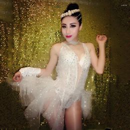 Stage Wear Flash Diamond Bodysuit White Mesh Skirt Women Gogo Dance Costume Bar Nightclub Rave Outfit Sexy Pole Party Dresses XS6371