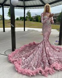 Elegant Rose Pink Sequins Mermaid Prom Dresses For Black Girls 2024 Sheer Neck Long Sleeves Vestidos De Gala Birthday Party Evening Gowns