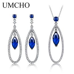 Necklaces Umcho Sterling Sier Jewellery Sets Elegant Blue Sapphire Pendant Necklace Drop Earrings for Women Wedding Christmas Gift New