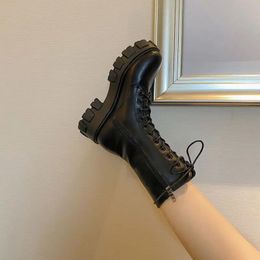 Footwear Round Toe Shoes for Woman Laceup Platform Half High Footwear Biker Women's Boots with Laces Mid Calf Y2k Chic and Elegant Pu 39