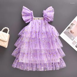 Girl Dresses 1-5Y Kids Girls Princess Dress Sleeve Stars Sequins Tulle Tiered Ruffle Baby Summer Clothes Pageant Party