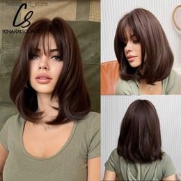 Synthetic Wigs Short Medium Bob Wig Natural Wavy Hair with Bangs Dark Brown Synthetic Wigs For Women Daily Party Cosplay High Temperature Fibre Q240115