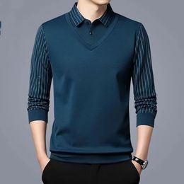 Business Casual Thin Slim Men Polo Shirt Spring Autumn Button Lapel Striped Long Sleeve Fashion Korean Clothing Tops 240115
