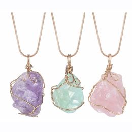 Natural Raw Crystal Pendant Necklace Roungh Tumbled Rock Stone Healing Irregular Handmade Jewelry for Women with long chain2838