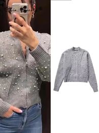 Fashion Knitted Pearl Bomber Jackets Women Vintage ONeck Front Zipper Long Sleeved Female Coat Top Lady Grey Cropped Cardigan 240115