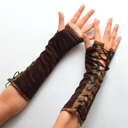 1pair Women Steampunk Lolita Armbands HAND CUFF Vintage Victorian Tie-Up Brown Mittens Gloves Cosplay Accessories New267e