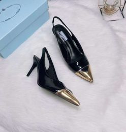 High Heel Designer Shoes Women Slingback Pumps Sandals Lady Platform Dress Pointed Toes Gold Triangle Metal Letter Patent Leather Black White Back Straps 45