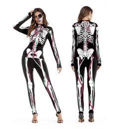 2018 New Halloween Cosplay Suits for Women Human Skeleton Pattern Costumes Halloween Party Skintight Printed Long Sleeve Bodysuit223K