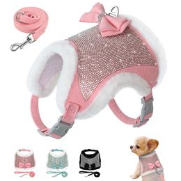 Rhinestone Dog Harness and Leash Set Soft Warm Pet Harness Vest Dogs Bowknot Harness Lead Adjustable For Chihuahua Dogs Cats 240115