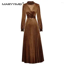 Casual Dresses MARYYIMEI Fashion Designer Autumn Velvet Long Dress Women Stand-up Collar Embroidery Mesh High Waist Sashes Applique Solid