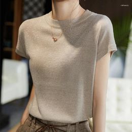 Women's Blouses Women Solid Office Lady Casual Blouse 2024 Summer Short Sleeve Knitted T-shirt Korean Shiny Slim Elegant Knit Tops 25523