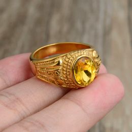 Mens Vintage Green Glass Ring 14k Yellow Gold Cool Band Stone Ring For Men Women