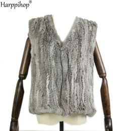 knitted Rabbit fur vest gilet sleeveless garment waistcoat natural brown greyblack 240113