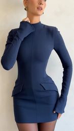 Women Elegant Dark Blue Commuting Mini Dress Autumn Sexy Pocket Long Sleeve Bodycon Dresses Lady Chic Party Club Robe 240115