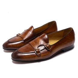 FELIX CHU Genuine Leather Mens Loafers Handmade Monk Strap Wedding Party Casual Dress Shoes Summer Autumn Footwear for Men 240113