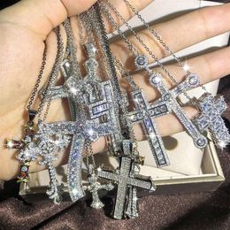 Fashion Mens Luxury Cross Necklace Hip Hop Jewelry Silver White Diamond Gemstones Iced Out Pendant Women Necklaces248W