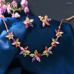 Necklace Earrings Set Pera Fashion Korean Style Multi Colored Flower Rose Gold Color CZ Zirconia Stud Earring Necklaces Jewelry For Women