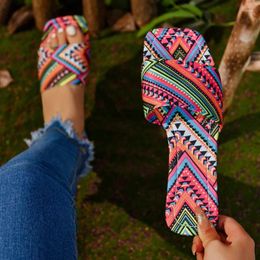 Slippers Large Size Women's Printed Flat Shoes 2024 Spring Thin-soled European And American Ethnic Style Beach Sandals