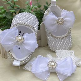 Dollbling Handmade White Pearls Bling Rhinestone Baby Crib Shoes Christening Outfit Wedding Sparkle Organza Baptism 0- Shoes 240115