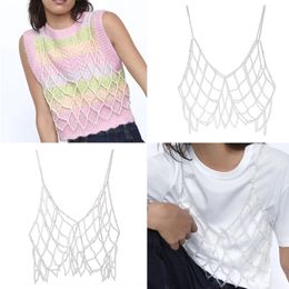 Handmade women's body chain Camissol imitation pearl crystal bead vest with hollow mesh top body Jewellery section 240115