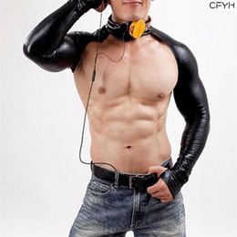 Sexy Faux Leather Sleeve Catsuit BodySuits 220D Latex Sexy Bodysuit Catsuit Body Suits Men Long Sleeve DJ Club Wear Bodies Black2673