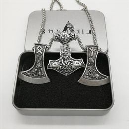 Pendant Necklaces Goat Hammer Raven Rune Axe Necklace Men Collier Viking Pagan Jewelry275p