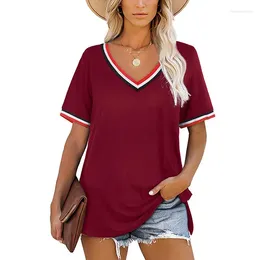 Women's T Shirts Summer Tops 2024 Fashion V-neck Striped Stitching Short-sleeved Casual T-shirt Female